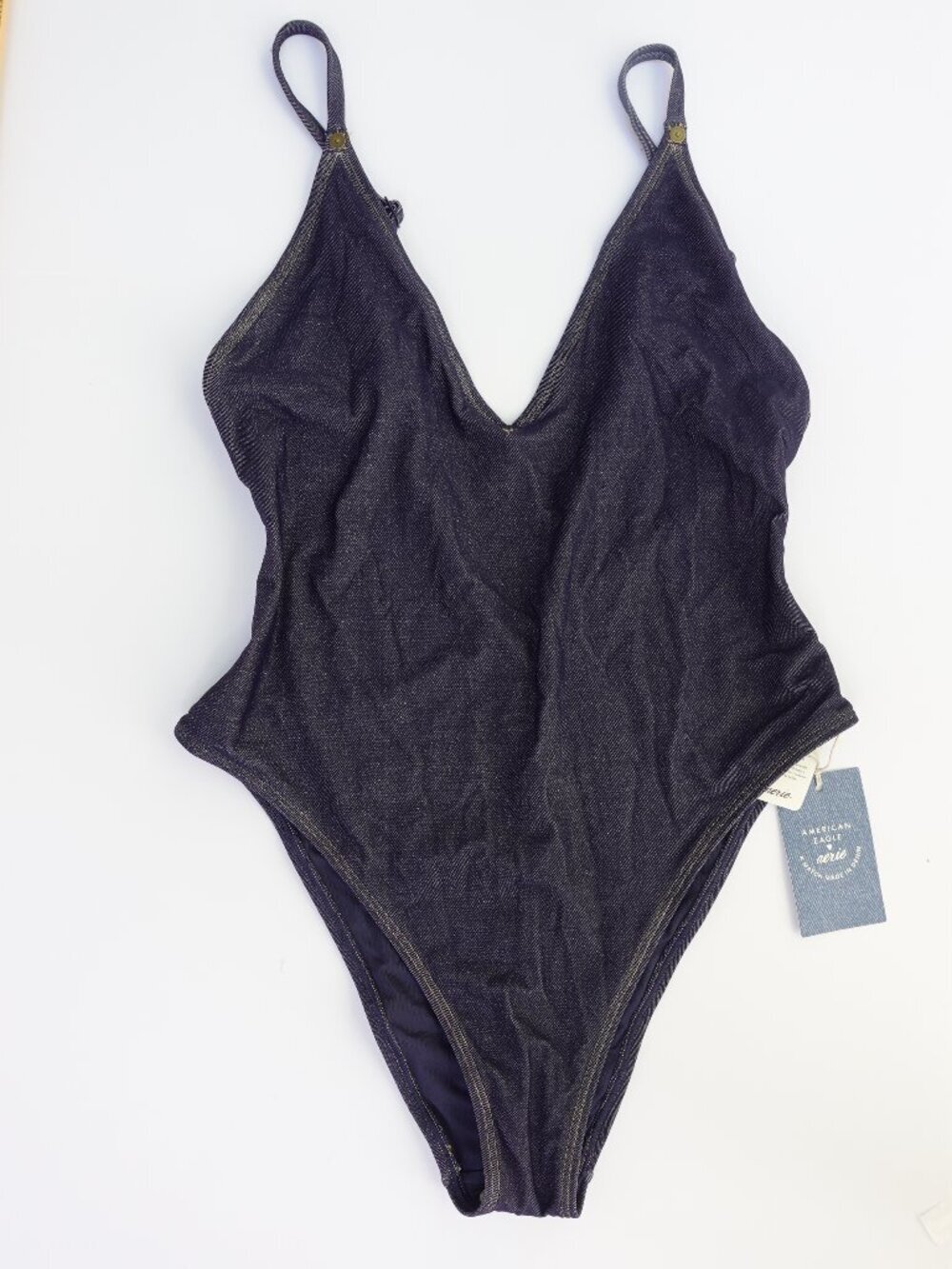 Aerie Match Made In Denim Plunge Cheekiest One Piece Swimsuit denim-like fabric